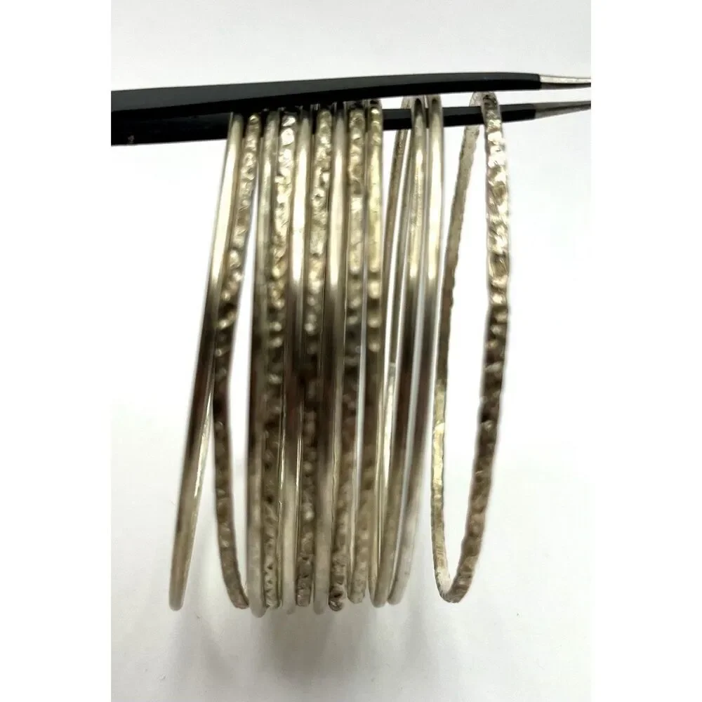 Set of 12 Silver Tone Bangle Bracelets Vintage Textured Hammered Bohemian